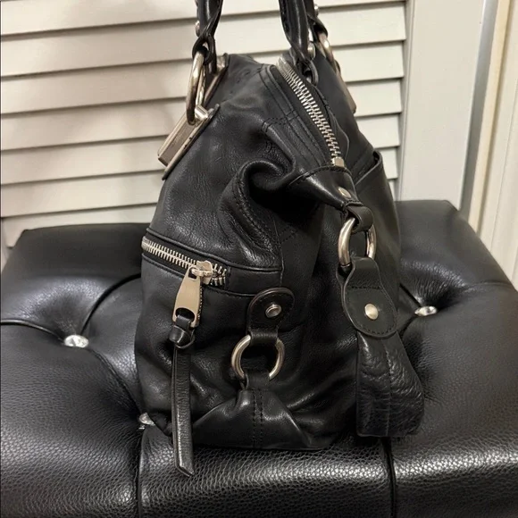 b. makowsky Black Leather Satchel with Silver Accents GUC - Picture 3 of 8